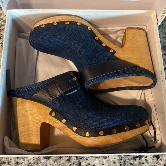 Veronica Beard Dacey Denim Clog wooden heel clogs - Picture 6 of 12